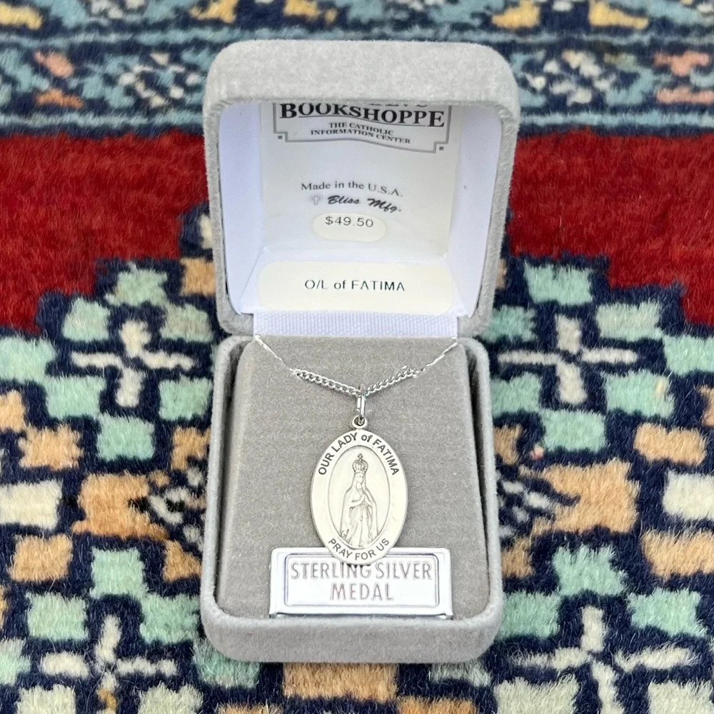 Our Lady of Fatima Sterling Silver Oval Religious Medal Necklace 18” Chain